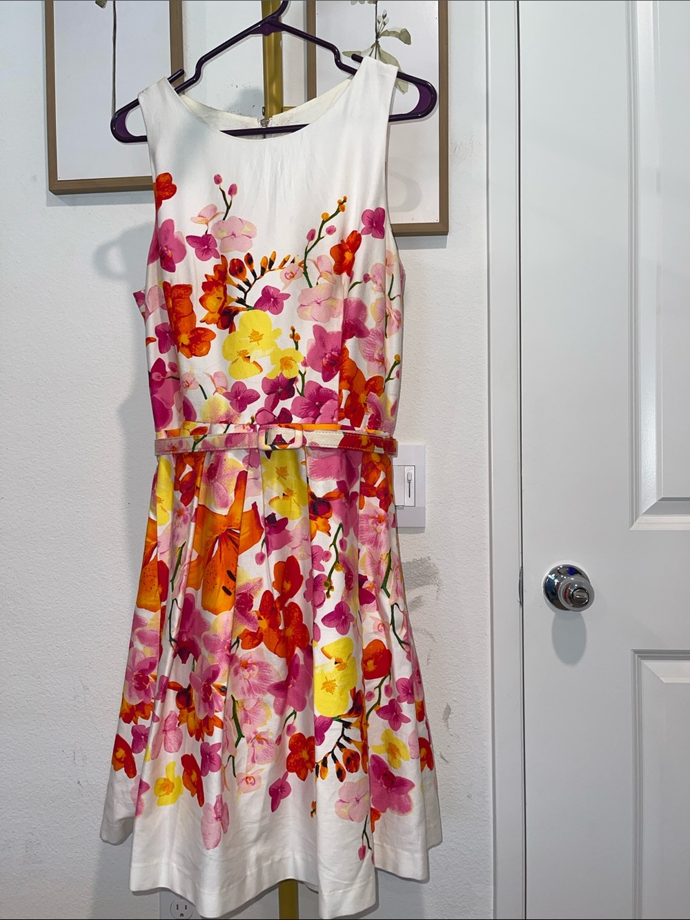 Floral Sleeveless Fit-and-Flare Dress in White with Pink, Yellow & Orange Blooms